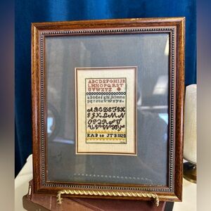 Needlepoint ABC Sampler Framed Folk Art Alphabet Cross Stitch 8x10” Embroidery